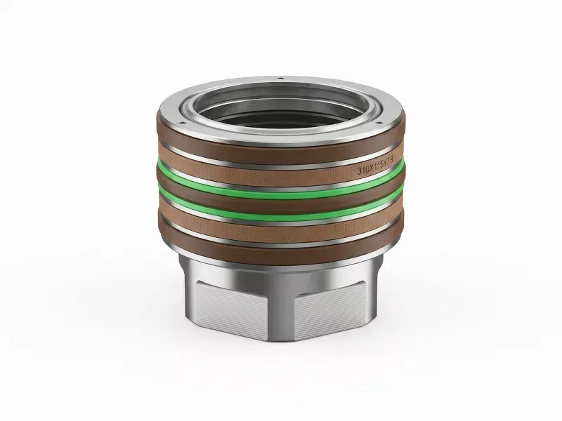 Hydraulic piston assembly with seal stack and wear rings